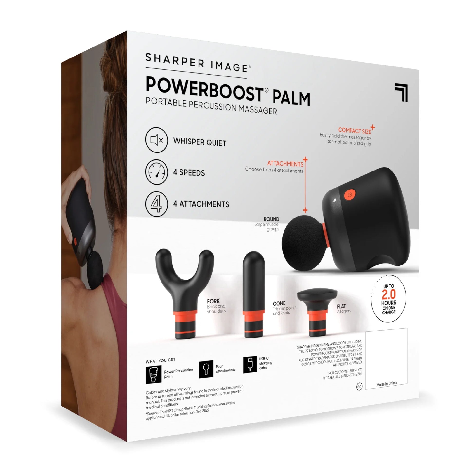 ® Powerboost® Palm Portable Percussion Massager with Includes 4 Attachments, Whisper Quiet Operation, Variable Strength Full Body Recovery, Rechargeable, 6-Pieces, Black