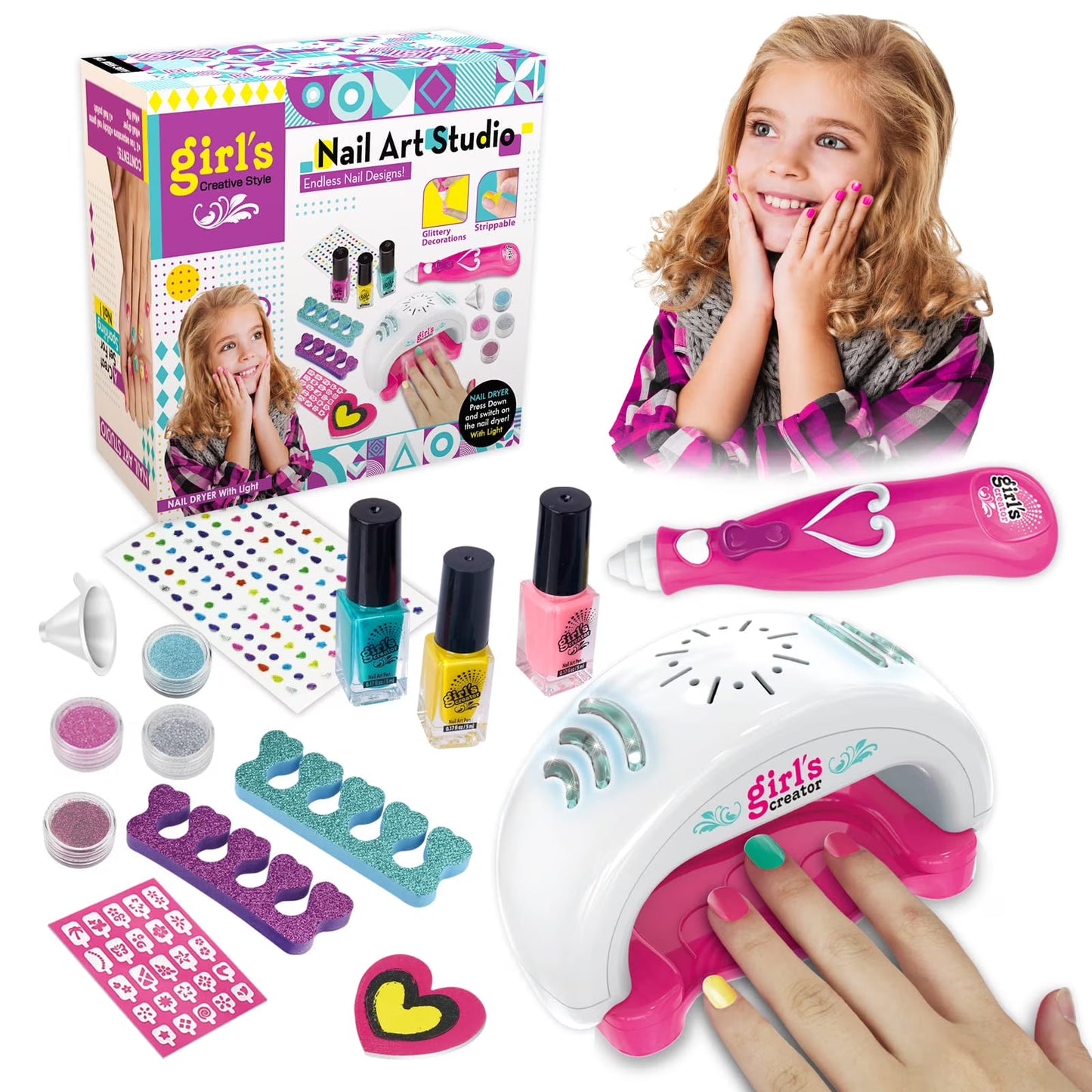 Toys for 5 6 7 8 Year Old Girls, Kids Nail Polish Makeup Art Kit Birthday Gifts for Girl Age 6-12 Crafts Princess Paint Game Set Girl for Gift Nail Decoration Electric Toy Finger Sticker