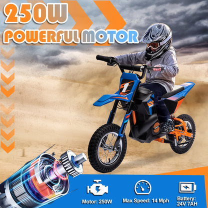 24V Electric Dirt Bike, 250W Electric Motorcycle Ride on Toys, Battery Powered Motorcycle Electric Car, up to 13.7 MPH for Kids Ages 13+ Blue