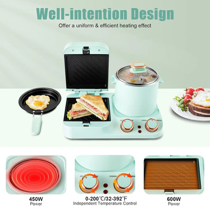 3-in-1 Breakfast Station, Household Breakfast Maker with Electric Mini Toaster, Breakfast Sandwich Maker with Frying Pan, Boilin