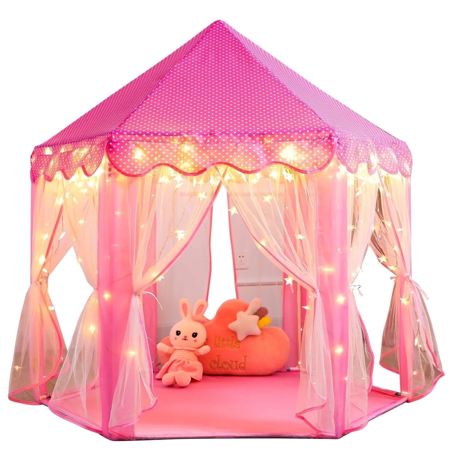 Princess Castle Kids Play Tent Toys for 3-12 Years Indoor Girls Hexagon Playhouse with Star Lights