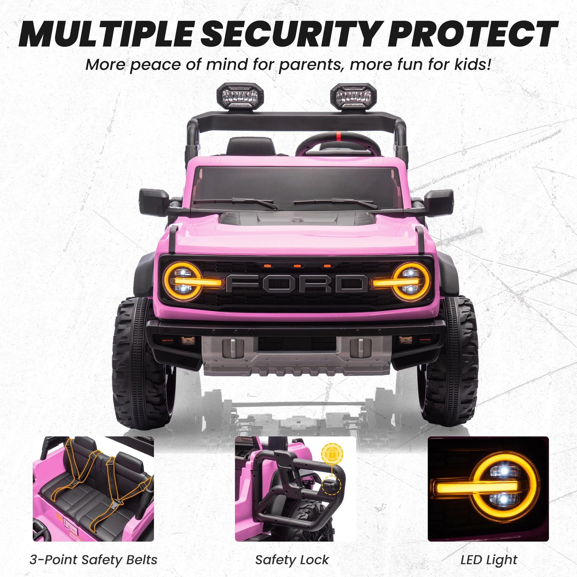 24V 2 Seater Ride on Cars for Big Kids, Licensed Ford Bronco Raptor Powered Ride on Truck with Remote Control, Spring Suspension, Bluetooth, LED Light, Ride on Toy for Ages 3-8 Boys Girls Gifts, Pink