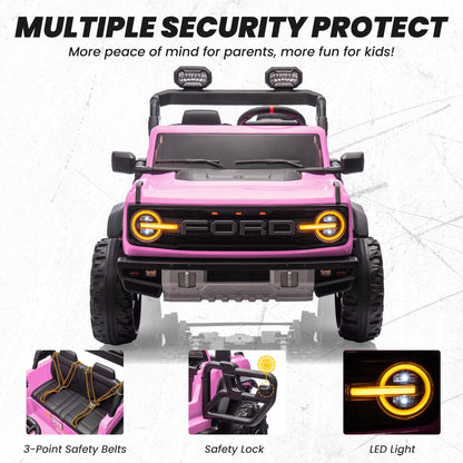 24V 2 Seater Ride on Cars for Big Kids, Licensed Ford Bronco Raptor Powered Ride on Truck with Remote Control, Spring Suspension, Bluetooth, LED Light, Ride on Toy for Ages 3-8 Boys Girls Gifts, Pink