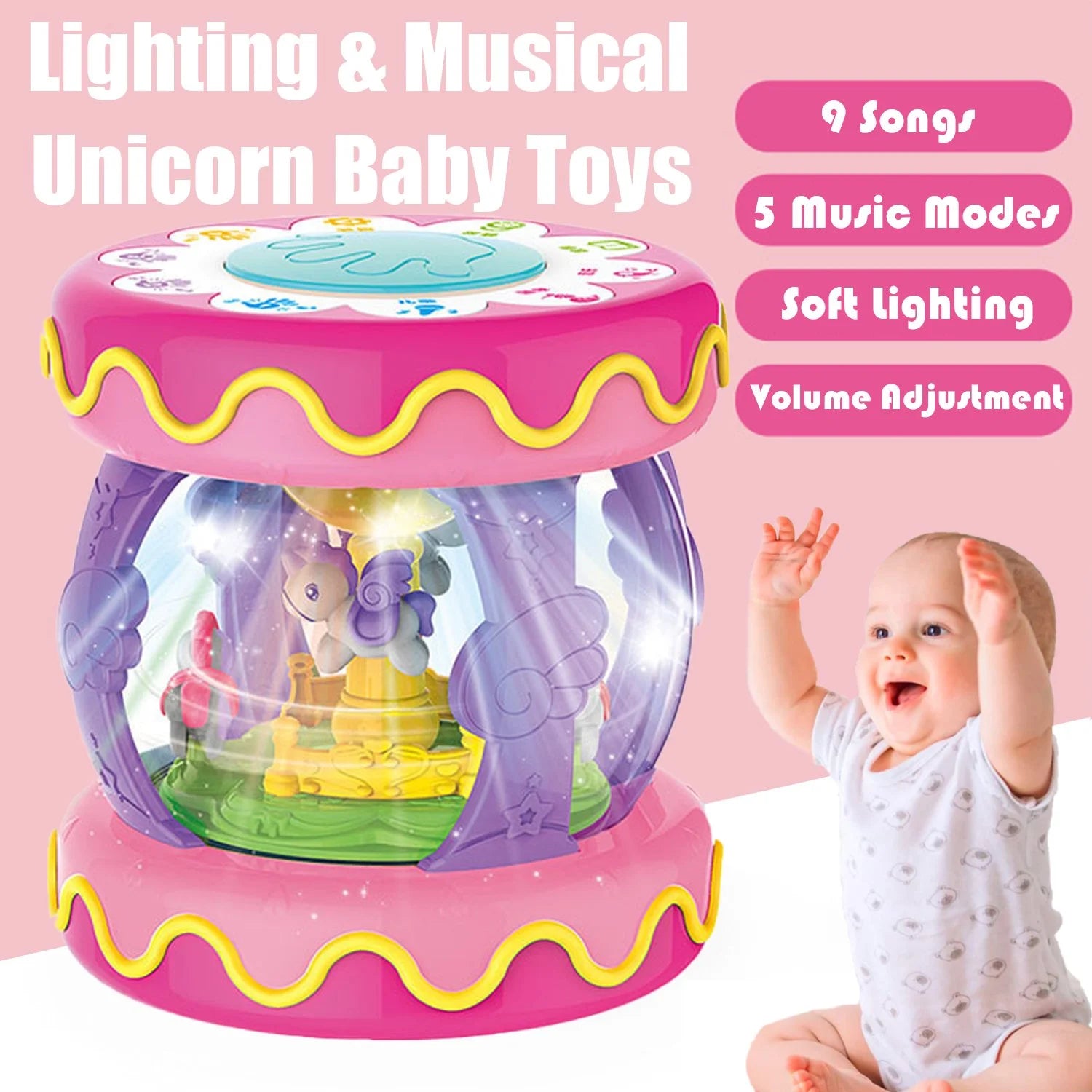 Baby Toys 6-12 Months,Rotating Light up Musical Drum Toys for Kids 1 Year Old Christmas Gifts