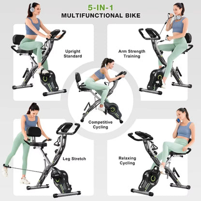 Exercise Bike, 5 in 1 Foldable Stationary Bike for Seniors, 8-Level Adjustable Magentic Resistance, Indoor Recumbent Bike