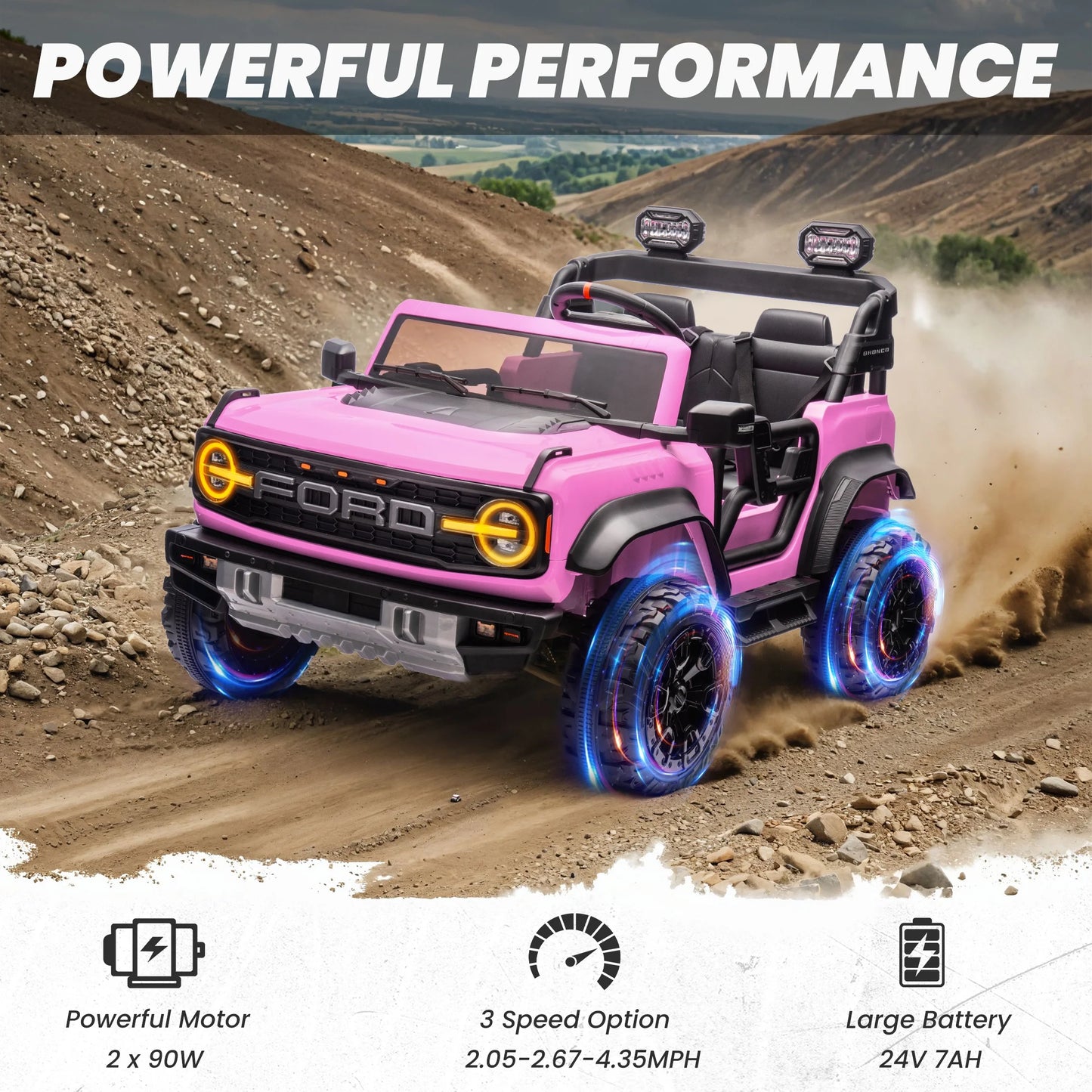 24V 2 Seater Ride on Cars for Big Kids, Licensed Ford Bronco Raptor Powered Ride on Truck with Remote Control, Spring Suspension, Bluetooth, LED Light, Ride on Toy for Ages 3-8 Boys Girls Gifts, Pink