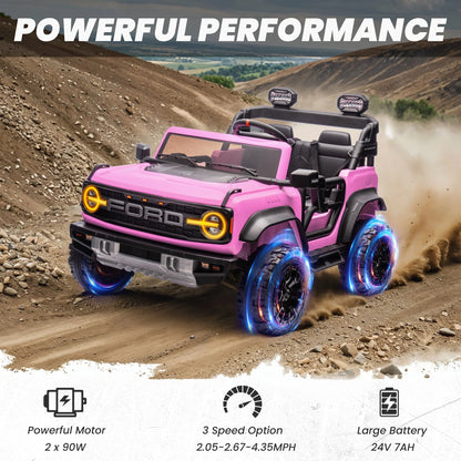 24V 2 Seater Ride on Cars for Big Kids, Licensed Ford Bronco Raptor Powered Ride on Truck with Remote Control, Spring Suspension, Bluetooth, LED Light, Ride on Toy for Ages 3-8 Boys Girls Gifts, Pink