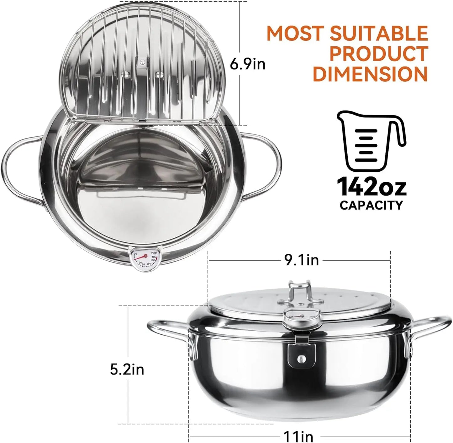 Deep Fryer Pot, 11 Inch/4.2 L Janpanese Style Tempura Frying Pot with Lid, 304 Stainless Steel with Temperature Control and Oil