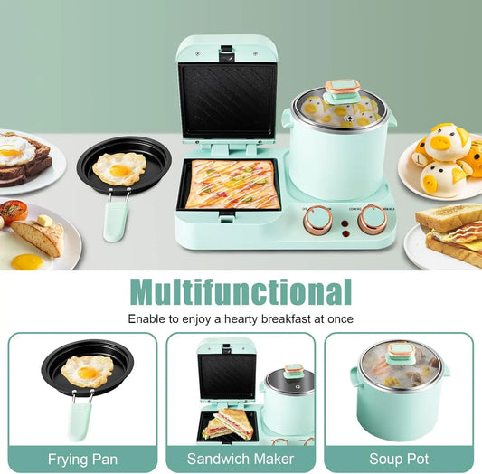 3-in-1 Breakfast Station, Household Breakfast Maker with Electric Mini Toaster, Breakfast Sandwich Maker with Frying Pan, Boilin