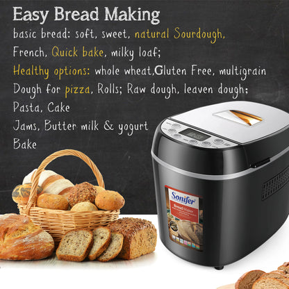 1.3kg Automatic Bread Machine 870w Programmable Bread Maker 15-hour Pre-set Timer Control Panel With Lcd Display Sonifer