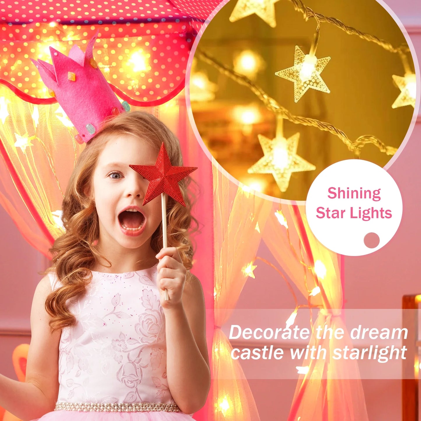 Princess Castle Kids Play Tent Toys for 3-12 Years Indoor Girls Hexagon Playhouse with Star Lights